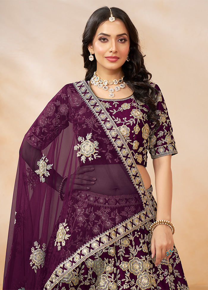 3 Pc Purple Silk Semi Stitched Lehenga Set