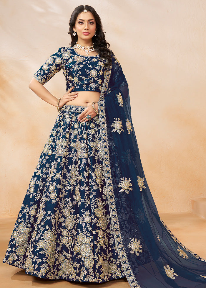 3 Pc Blue Silk Semi Stitched Lehenga Set