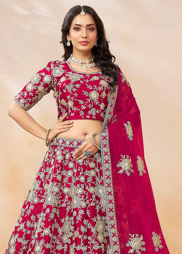 3 Pc Pink Silk Semi Stitched Lehenga Set