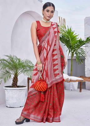 Red Linen Silk Saree With Blouse Piece