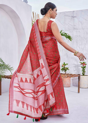 Red Linen Silk Saree With Blouse Piece