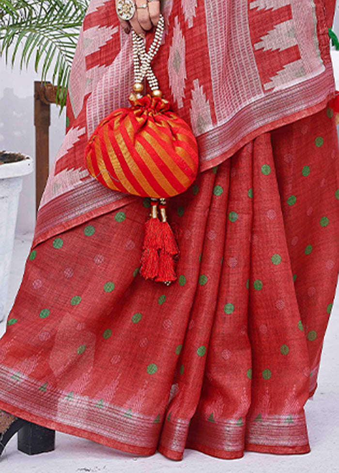 Red Linen Silk Saree With Blouse Piece