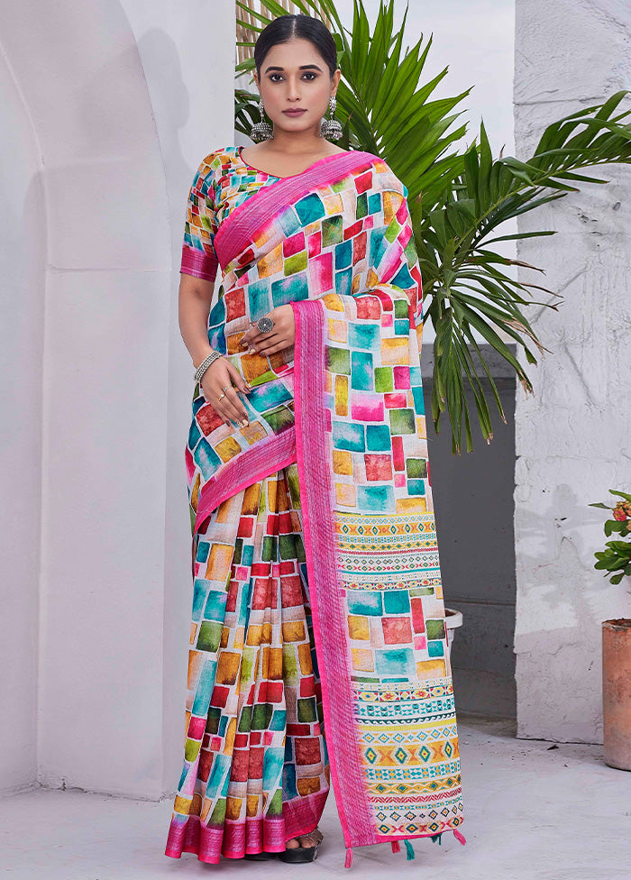 Multicolor Linen Silk Saree With Blouse Piece