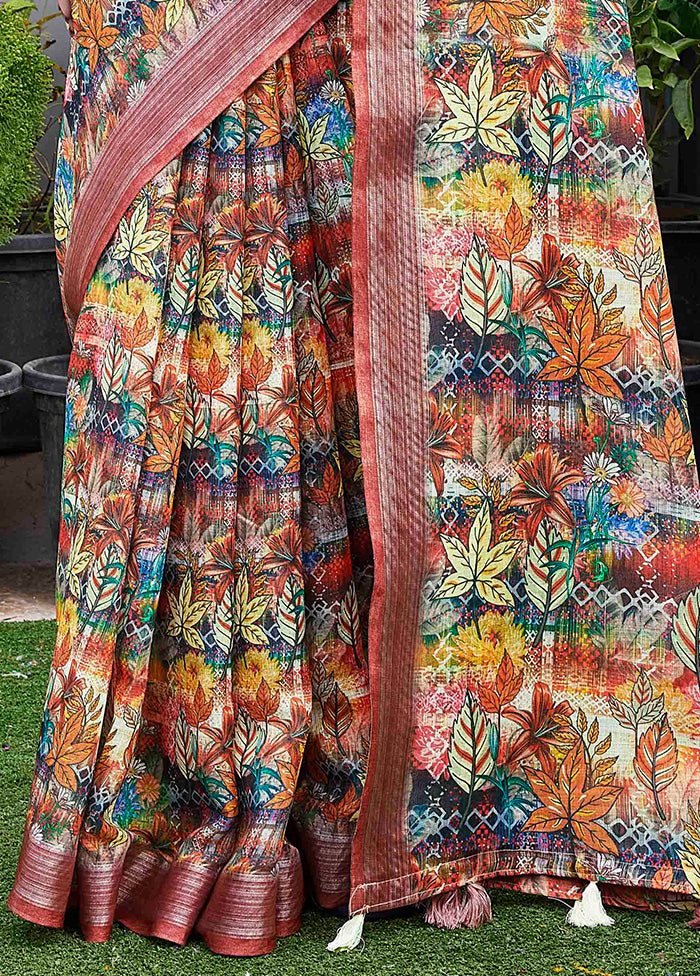 Multicolor Linen Silk Saree With Blouse Piece