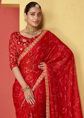 Red Chiffon Silk Saree With Blouse Piece