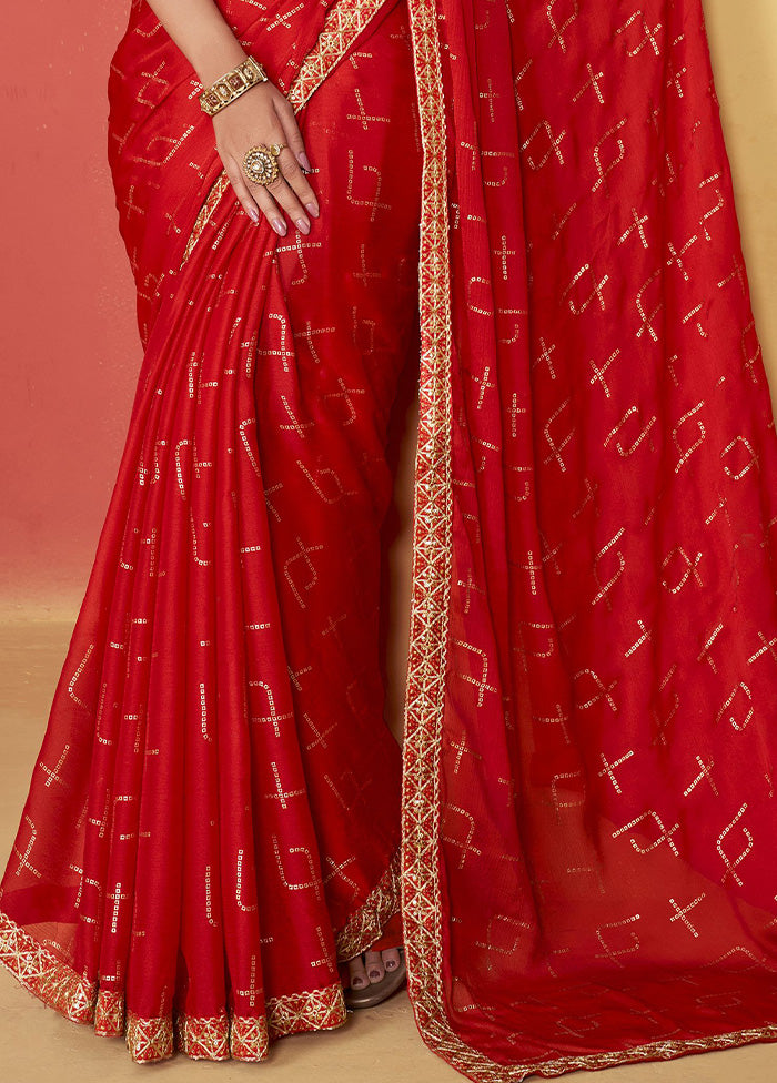 Red Chiffon Silk Saree With Blouse Piece