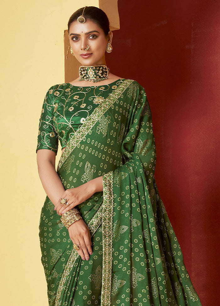 Pine Green Chiffon Silk Saree With Blouse Piece