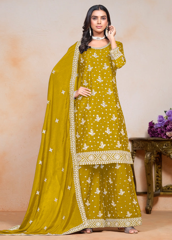 3 Pc Yellow Semi Stitched Silk Suit Set