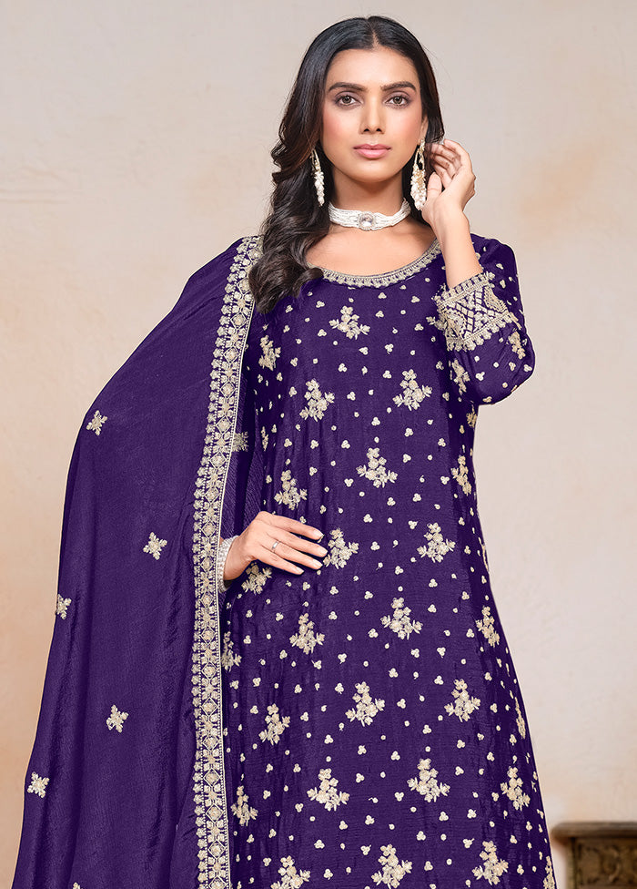 3 Pc Purple Semi Stitched Silk Suit Set