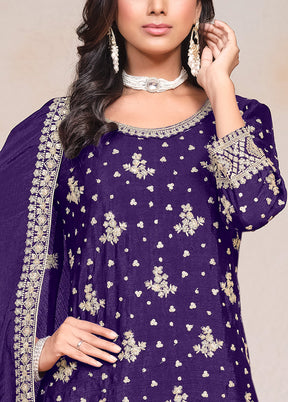 3 Pc Purple Semi Stitched Silk Suit Set