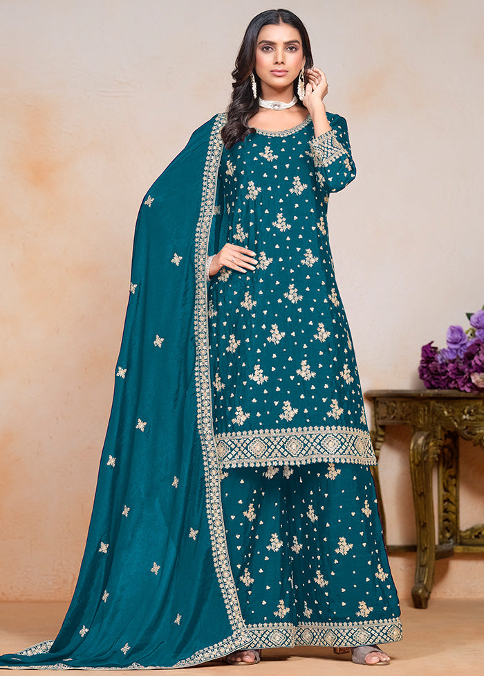 3 Pc Teal Semi Stitched Silk Suit Set