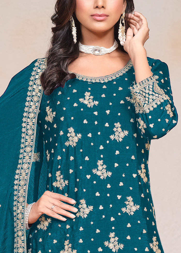 3 Pc Teal Semi Stitched Silk Suit Set