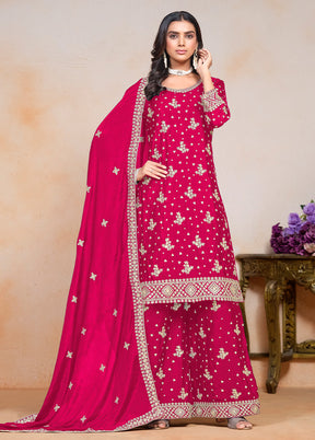 3 Pc Pink Semi Stitched Silk Suit Set