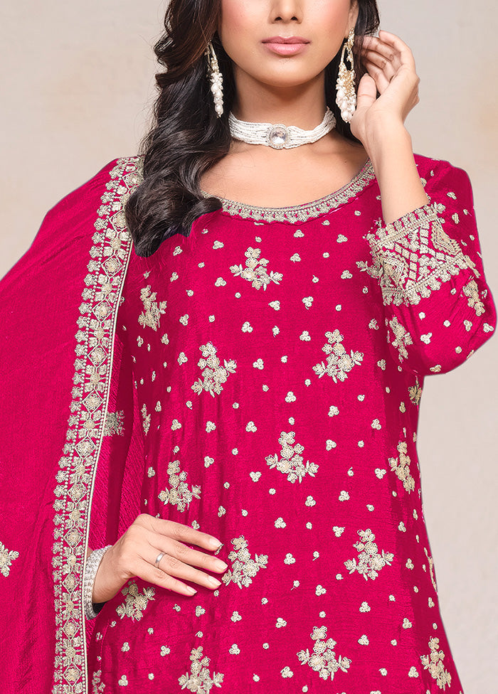 3 Pc Pink Semi Stitched Silk Suit Set