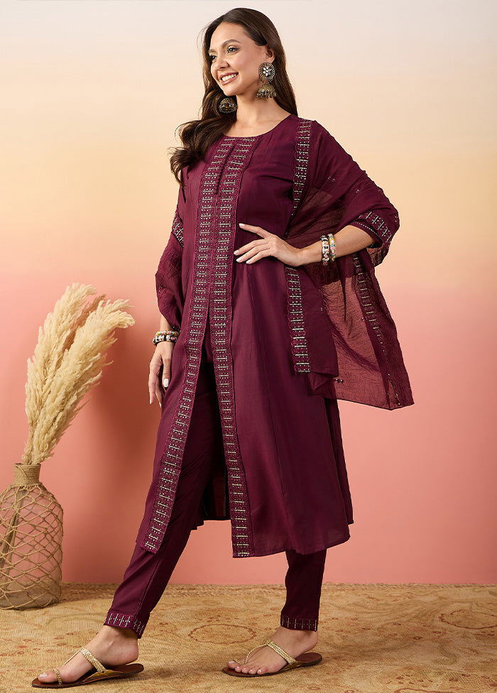 3 Pc Maroon Pure Readymade Silk Suit Set