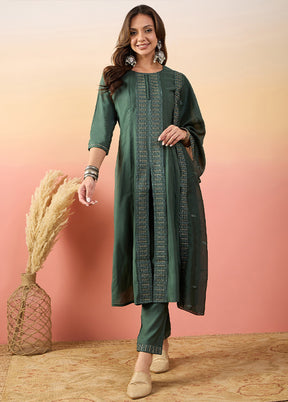 3 Pc Green Pure Readymade Silk Suit Set