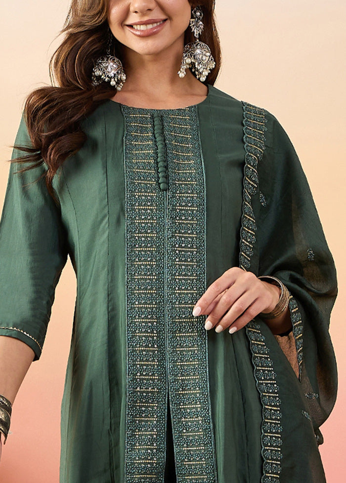 3 Pc Green Pure Readymade Silk Suit Set