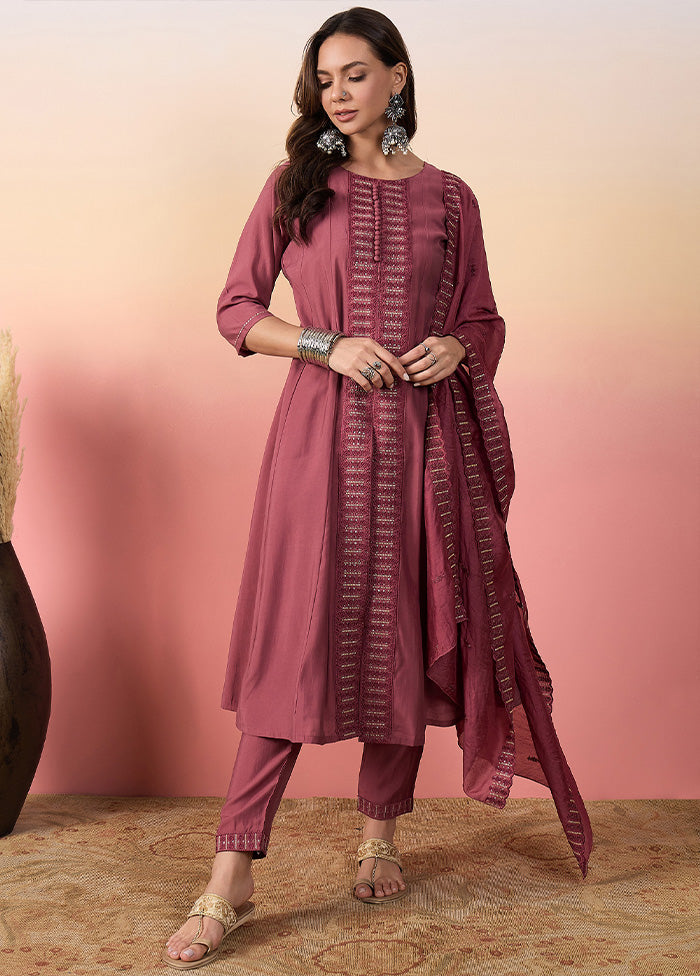 3 Pc Peach Pure Readymade Silk Suit Set