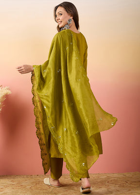 3 Pc Mustard Pure Readymade Silk Suit Set