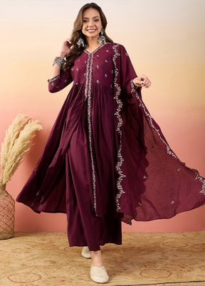 3 Pc Maroon Pure Readymade Silk Suit Set