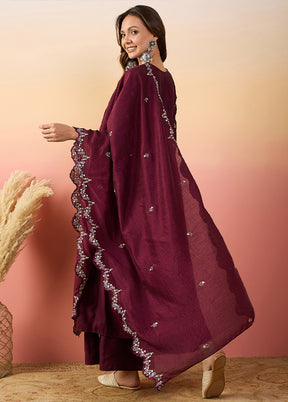 3 Pc Maroon Pure Readymade Silk Suit Set