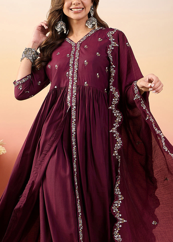 3 Pc Maroon Pure Readymade Silk Suit Set