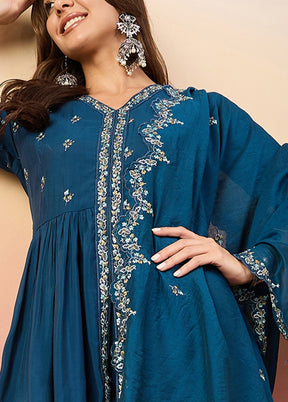 3 Pc Blue Pure Readymade Silk Suit Set