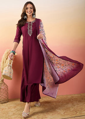 3 Pc Wine Pure Readymade Silk Suit Set