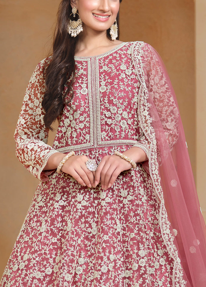 3 Pc Pink Semi Stitched Net Suit Set