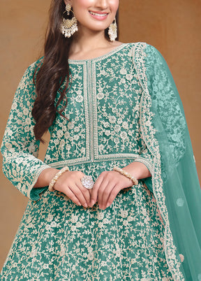 3 Pc Sea Green Semi Stitched Net Suit Set