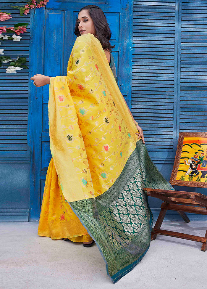 Yellow Banarasi Silk Saree With Blouse Piece