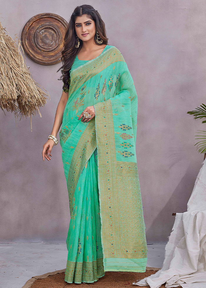 Sea Green Kanjivaram Silk Saree With Blouse Piece