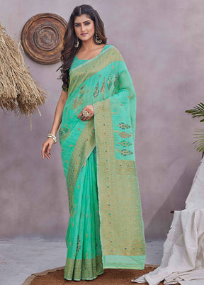 Sea Green Kanjivaram Silk Saree With Blouse Piece