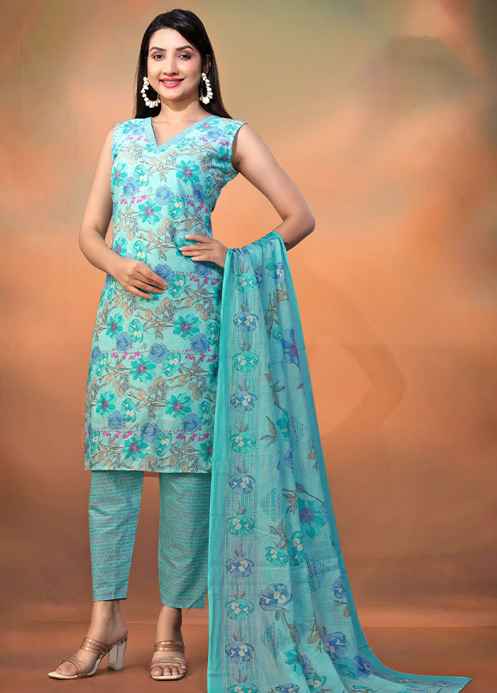 3 Pc Blue Readymade Cotton Long Kurti Set