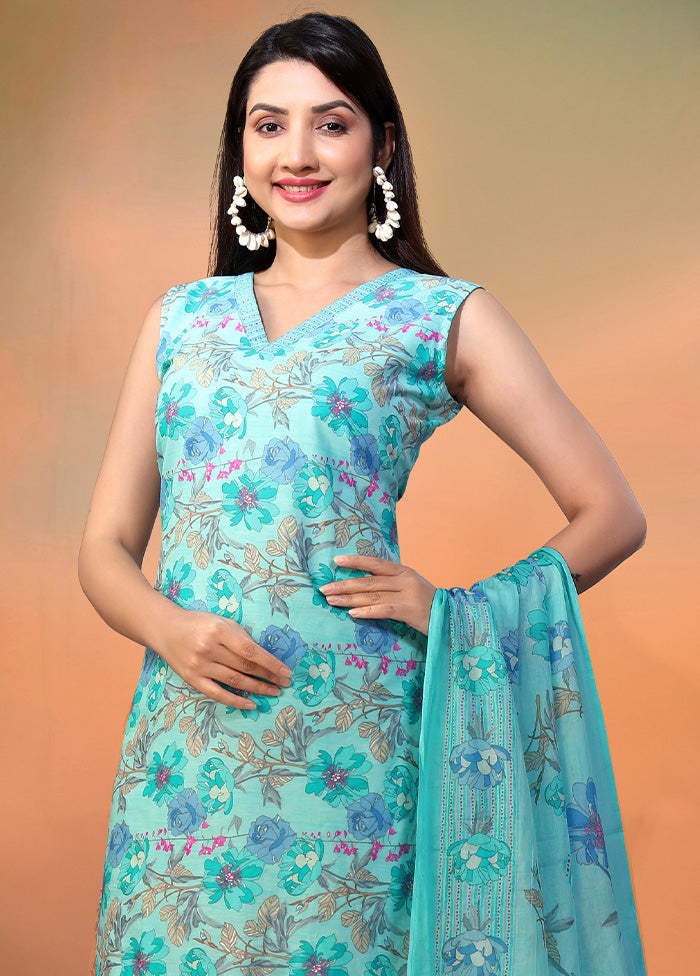 3 Pc Blue Readymade Cotton Long Kurti Set