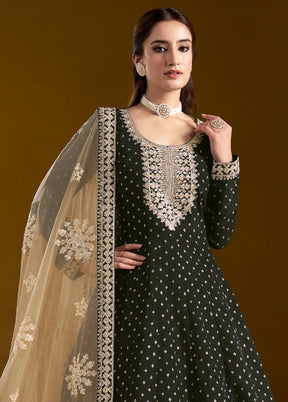 3 Pc Black Semi Stitched Chanderi Suit Set