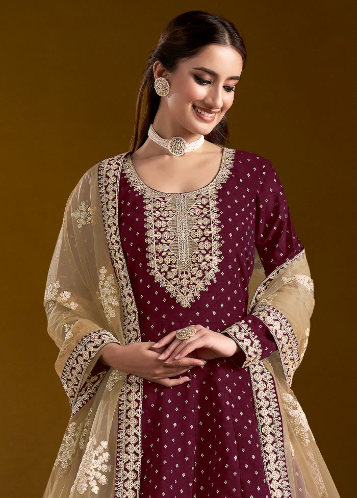 3 Pc Wine Semi Stitched Chanderi Suit Set