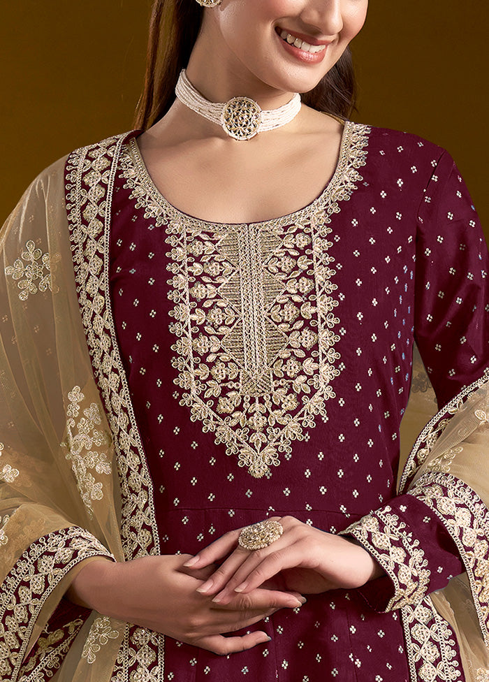 3 Pc Wine Semi Stitched Chanderi Suit Set