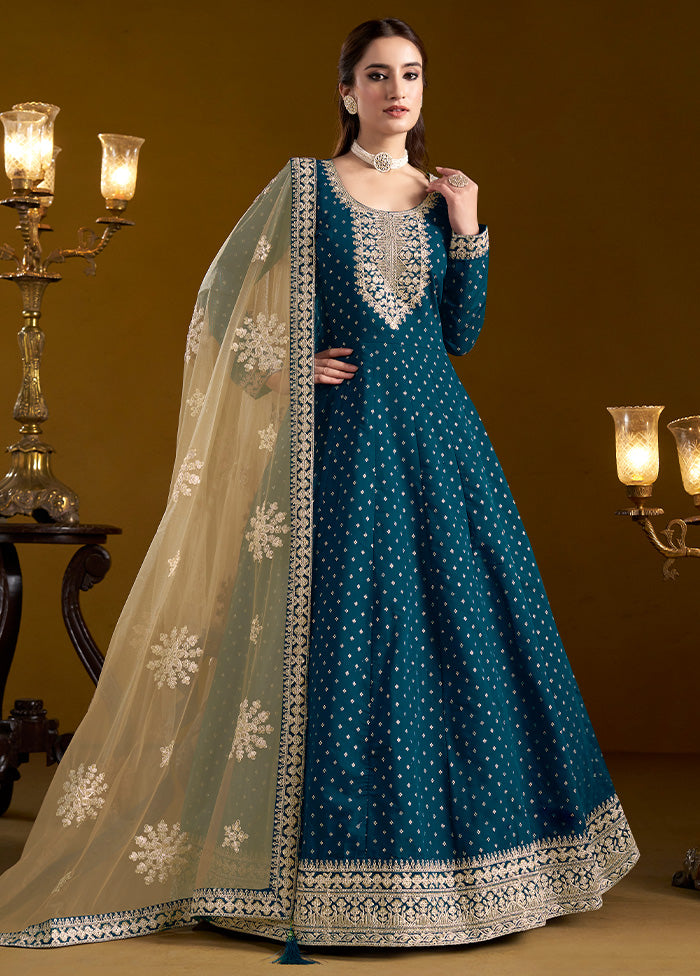 3 Pc Teal Semi Stitched Chanderi Suit Set