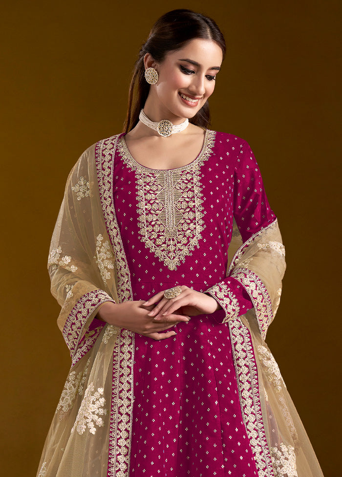 3 Pc Pink Semi Stitched Chanderi Suit Set