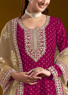 3 Pc Pink Semi Stitched Chanderi Suit Set