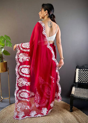 Red Organza Saree With Blouse Piece