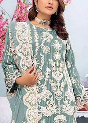 3 Pc Sky Blue Semi Stitched Georgette Suit Set