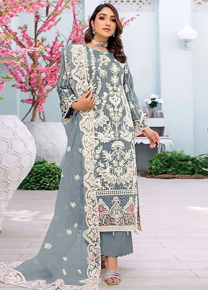 3 Pc Grey Semi Stitched Georgette Suit Set