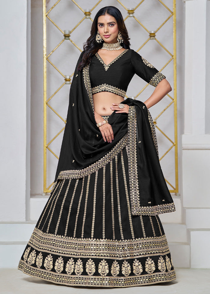 3 Pc Black Silk Semi Stitched Lehenga Set