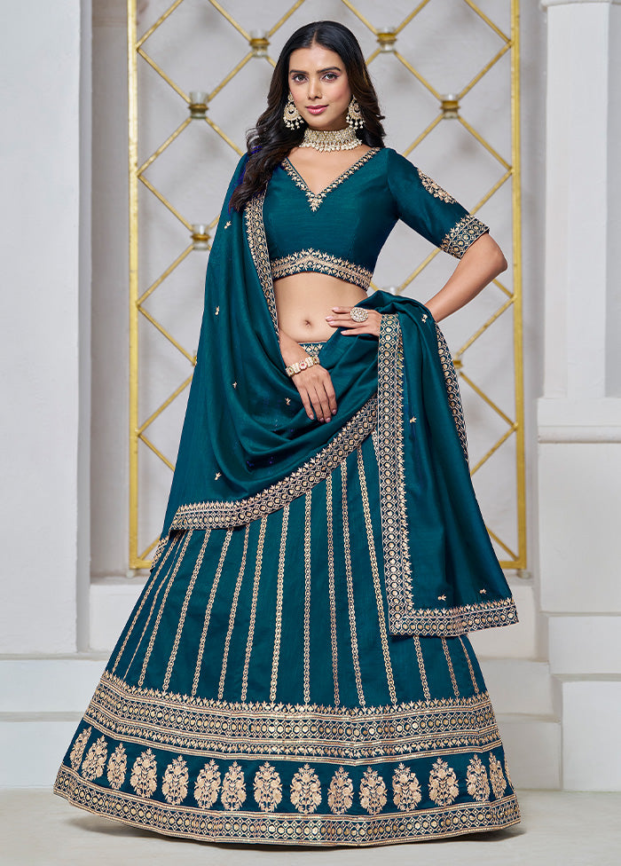 3 Pc Teal Blue Silk Semi Stitched Lehenga Set