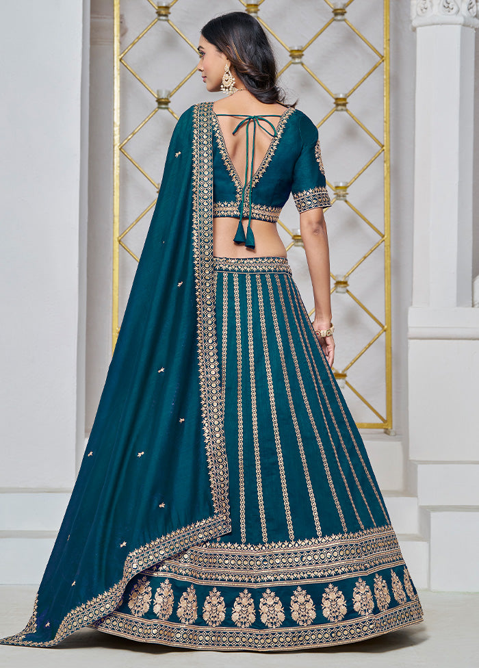 3 Pc Teal Blue Silk Semi Stitched Lehenga Set