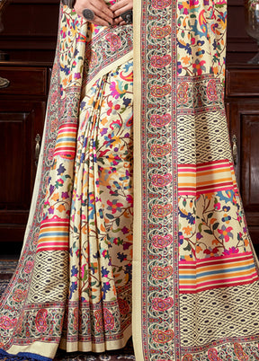 Yellow Pasmina Silk Saree With Shawl And Blouse Piece