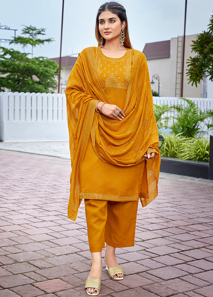 3 Pc Mustard Readymade Cotton Suit Set