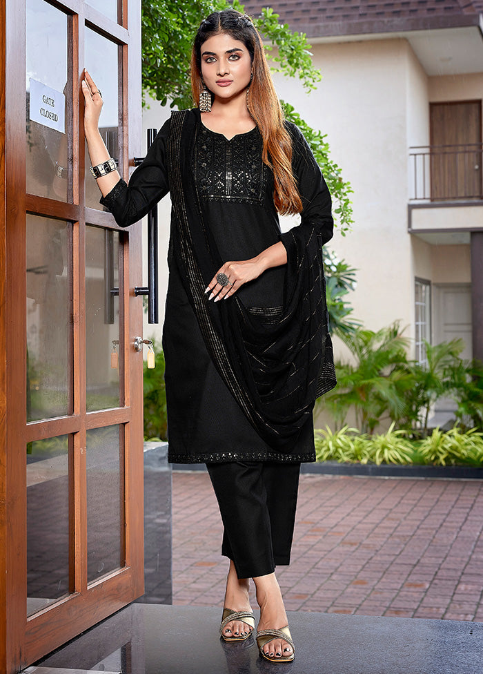 3 Pc Black Readymade Cotton Suit Set